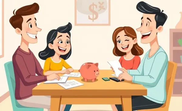 A family happily discussing life insurance options at a table.