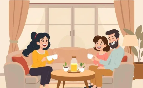 A family discussing gifting money in a cozy living room setting.
