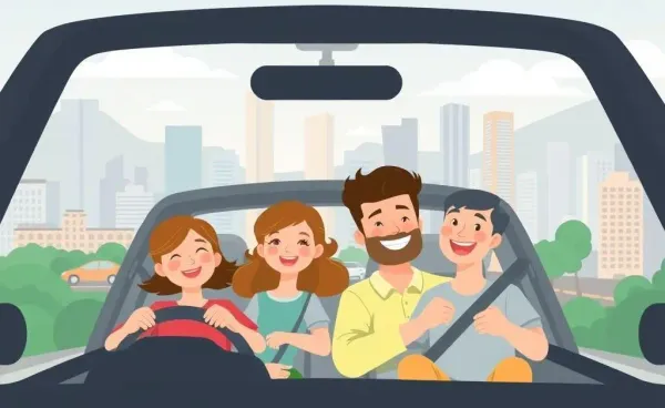 A family enjoying a drive in a rental car through a scenic city view.