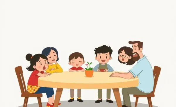 Family sitting around a table, discussing and planning together