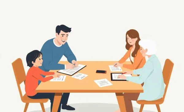 Family discussing estate planning around a table
