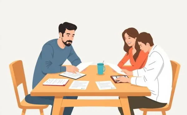 A cartoon-style family discussing estate planning over a table with documents around.