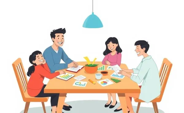 Family gathered around a table discussing finances