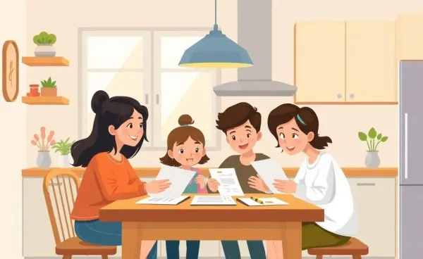 A family discussing finances at the kitchen table