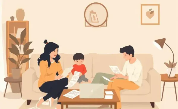 Family having a financial discussion in a cozy living room.