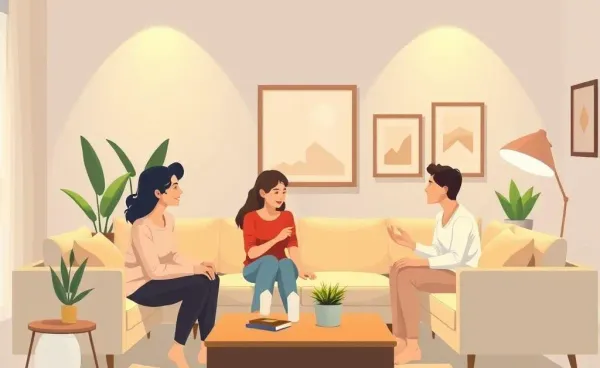 Family having a financial discussion in a cozy living room