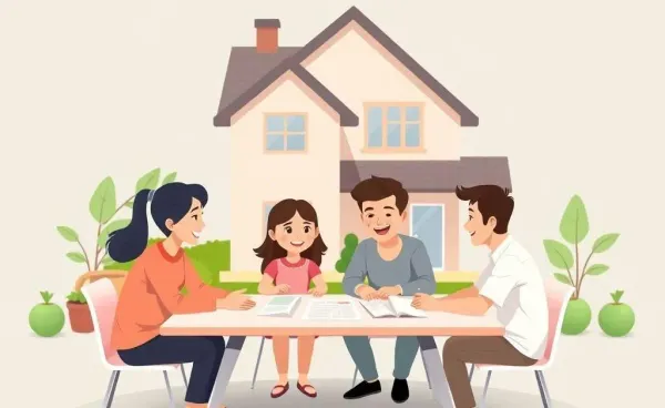 Family discussing financial plans over a table with a house model in the background