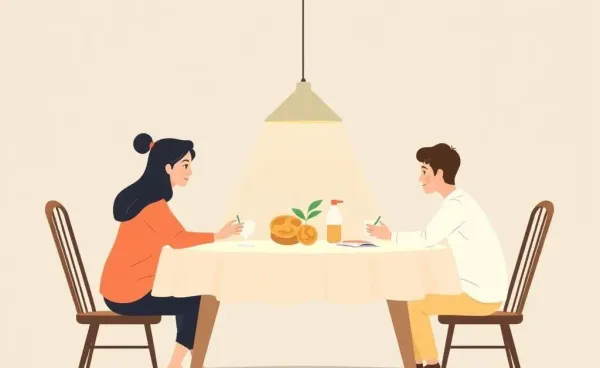 Family gathered around a table discussing finances in a serene setting