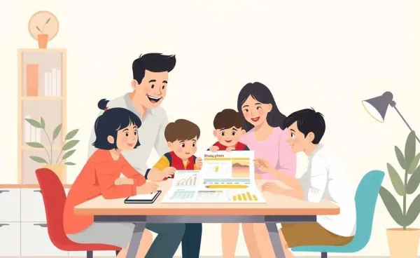 A family at a desk with financial planning charts