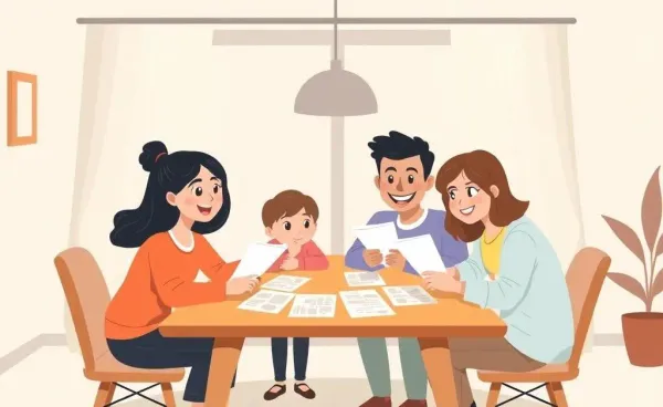 Family in a warm setting discussing financial planning documents