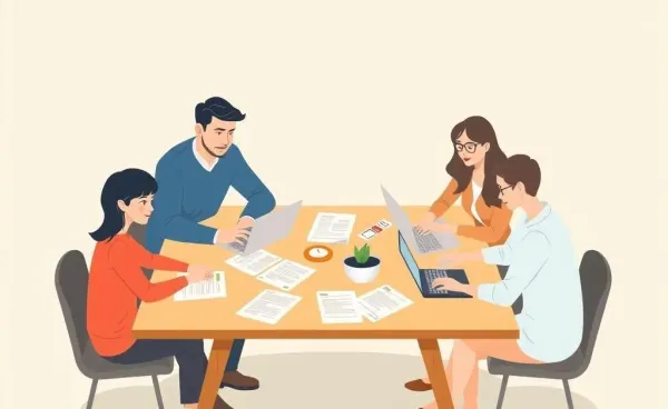 A family sitting around a table engaging in financial planning.