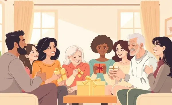 A family joyfully exchanging gifts around a table