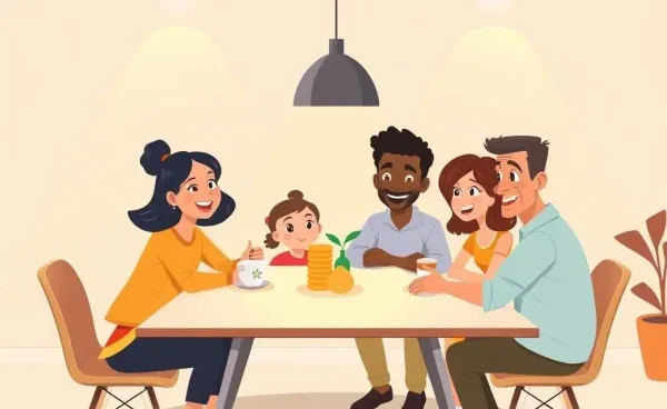 A family discussing home budget around a table in a warm setting