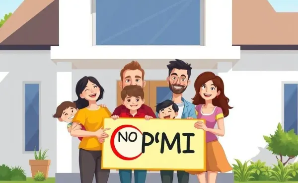 A family happily standing outside their new home with a 'No PMI' sign