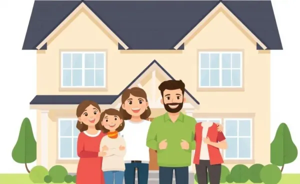 A family proudly standing in front of their new house.