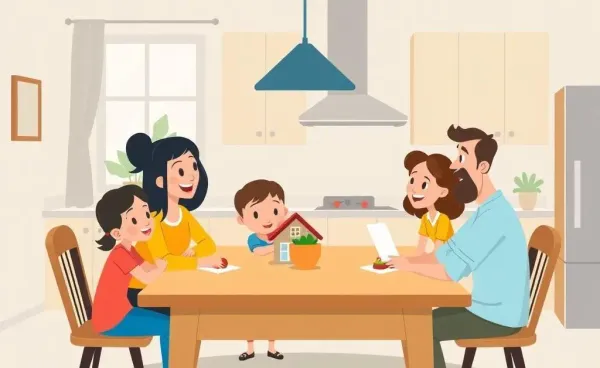 A cartoon family at a kitchen table discussing home insurance.