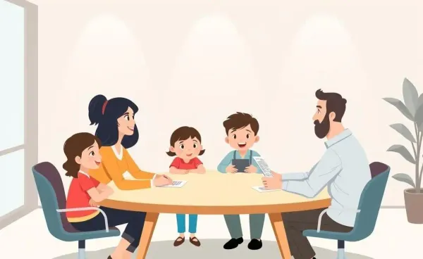 Family discussing insurance with an agent at a table