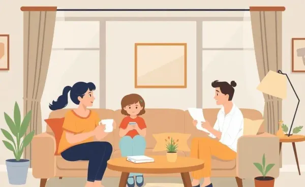 A family having an insurance discussion in a cozy living room