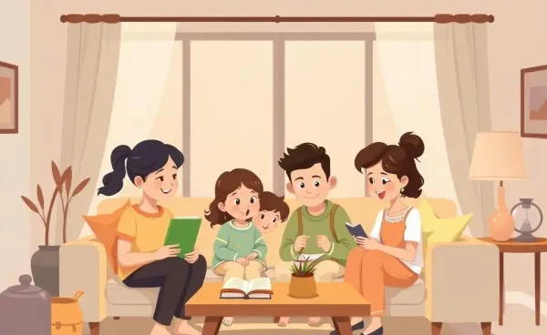 A cartoon-style family learning together in a cozy living room setting