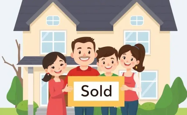 Family standing in front of their new home with a 'Sold' sign