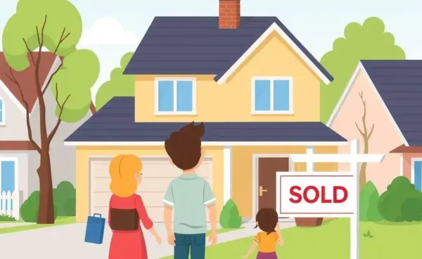 Family looking at a new home with a 'Sold' sign
