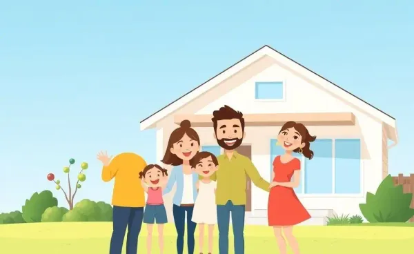 A happy family standing outside their new home, symbolizing avoidance of PMI