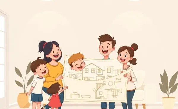 A cartoon-style illustration of a happy family looking at house blueprint.