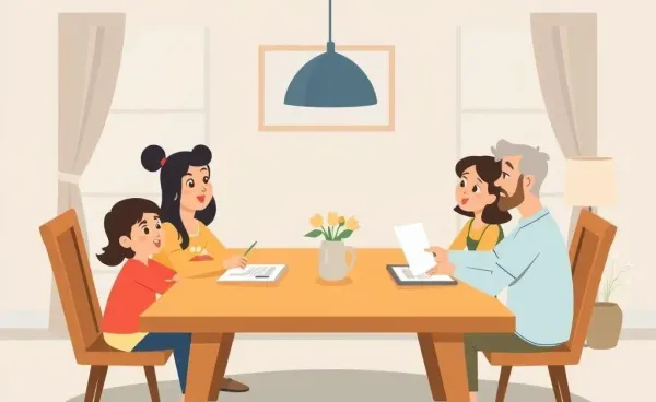 Cartoon-style image of a family discussing a rent-to-own agreement over dinner