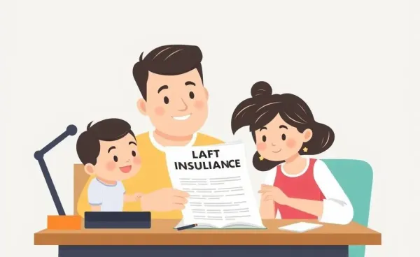 Cartoon-style image of a family reviewing a life insurance policy document
