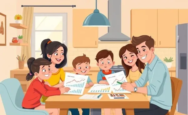 A family reviewing mortgage rate charts at a kitchen table in a cartoon style.