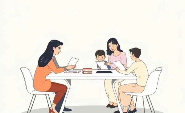A family with an advisor reviewing trust documents at a table