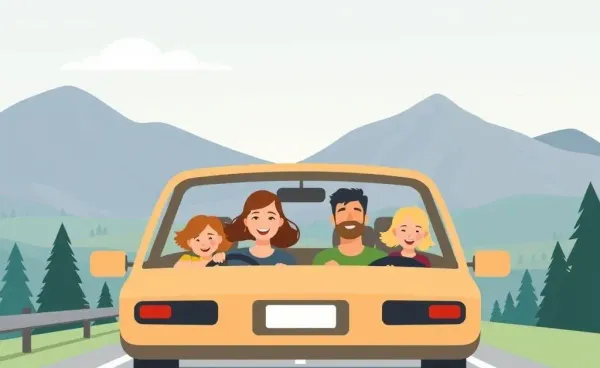 A family driving happily on a scenic road trip in the U.S.
