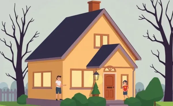 Cartoon-style illustration of a family home with shadows suggesting hidden secrets