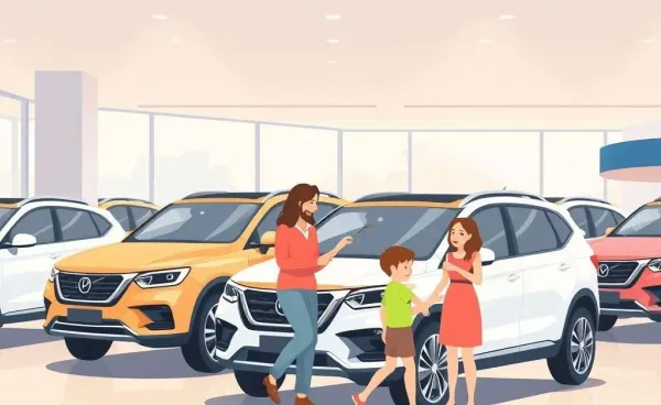 Family browsing SUVs at a car dealership