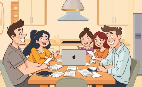 A family discussing taxes at a table with scattered documents.
