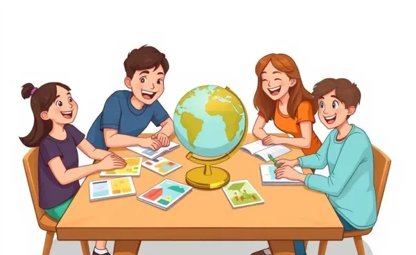 A family planning their vacation with brochures and a globe.