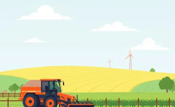 Illustration of a farm showing machinery impacted by tariffs