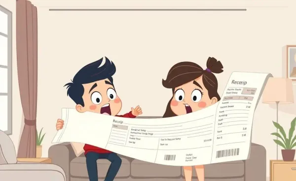 A young couple humorously reacting to an endless shopping receipt