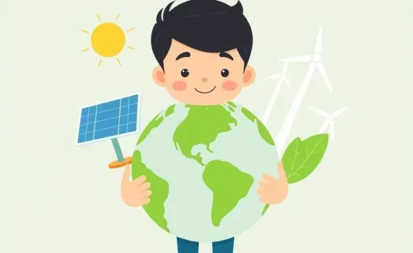 Illustration of a person holding a globe with green energy symbols