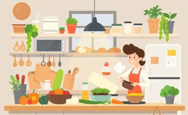 A cheerful person cooking in a home kitchen surrounded by fresh ingredients