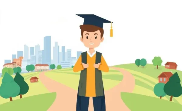 A college graduate at a crossroads illustrating different life paths.