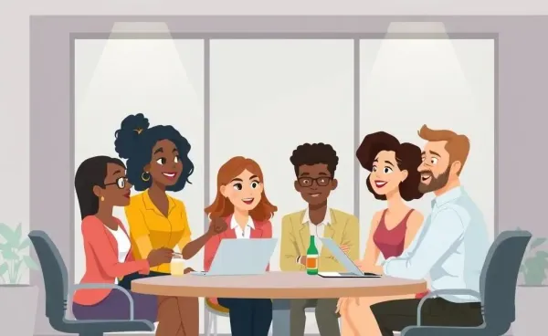 Professionals brainstorming career strategies in an office