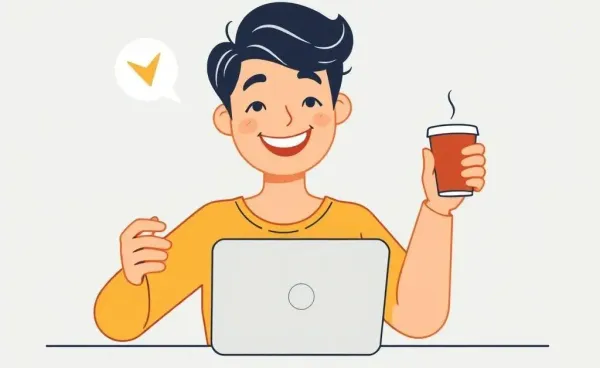 A person happily budgeting at a computer with a coffee cup