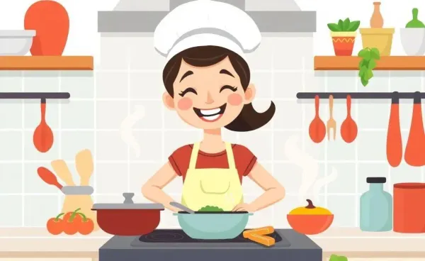 Home cook happily preparing a meal in the kitchen