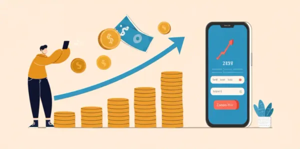 Cartoon of a person observing a growing savings account on a phone.