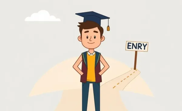 Illustration of a college grad at a crossroads between student life and HENRY lifestyle