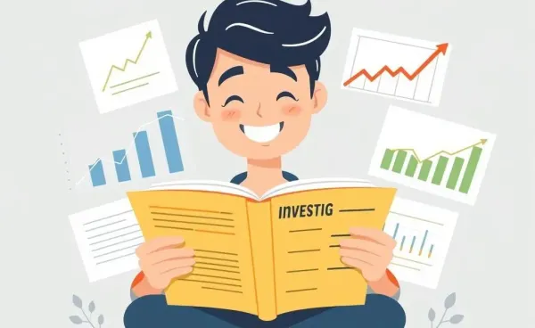 A person reading an investing book surrounded by graphs and charts