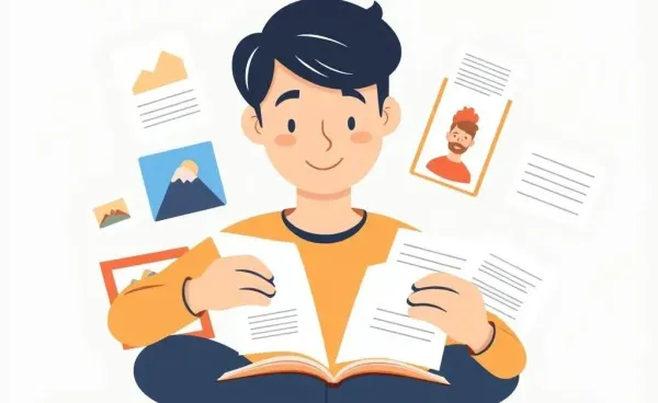 A creative individual organizing a portfolio.