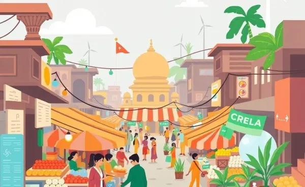 An illustration of a modern Indian marketplace with technology themes