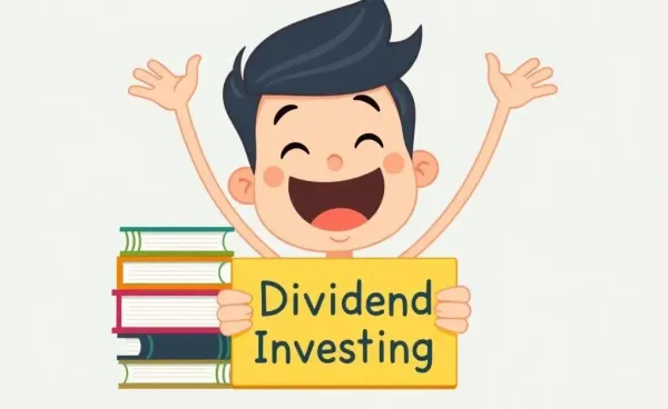 Cartoon character holding Dividend Investing books